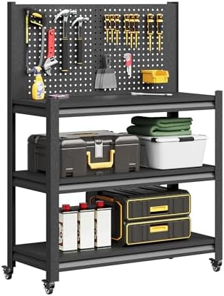 Black Metal Rolling Work Table with Pegboard Back