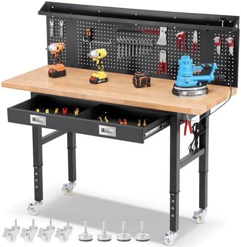 Feature-Rich 60-Inch Mobile Wood Garage Workbench