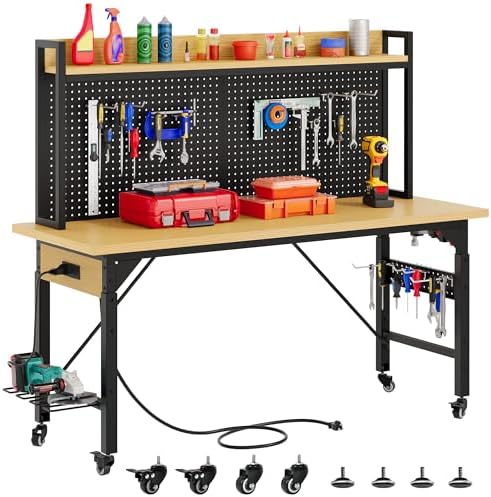 DWVO 60-Inch Wheeled Wood Workstation with Hooks