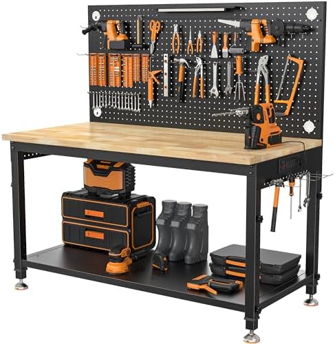 48-Inch Adjustable Garage Workbench with LED and Pegboard