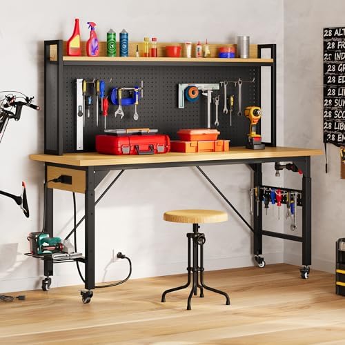DWVO 60-Inch Wheeled Wood Workstation with Hooks