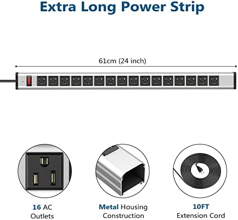 Heavy-Duty 16-Outlet Metal Power Strip with Long Cord