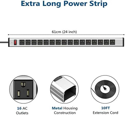Heavy-Duty 16-Outlet Metal Power Strip with Long Cord
