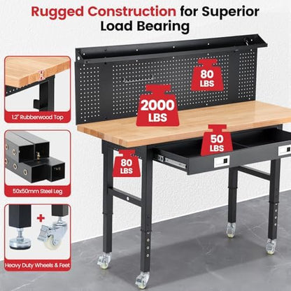 Feature-Rich 60-Inch Mobile Wood Garage Workbench
