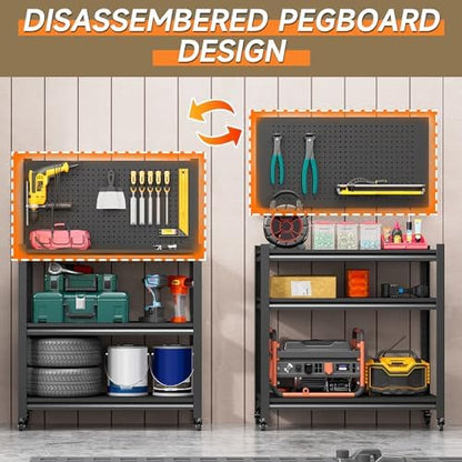 Black Metal Rolling Work Table with Pegboard Back