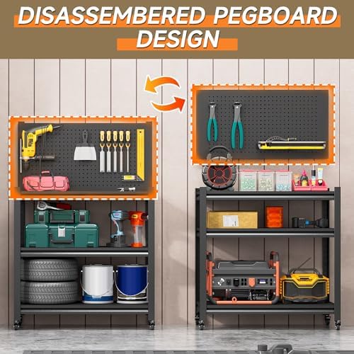 Black Metal Rolling Work Table with Pegboard Back